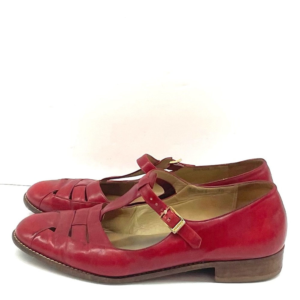 80s Salvatore Ferragamo Mary Jane Red Leather Flats Sz 7